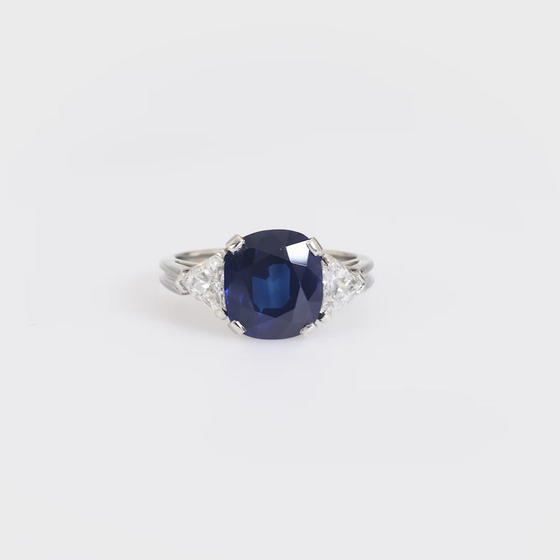 GIA 3.42 carat cushion cut sapphire diamond platinum three stone ring