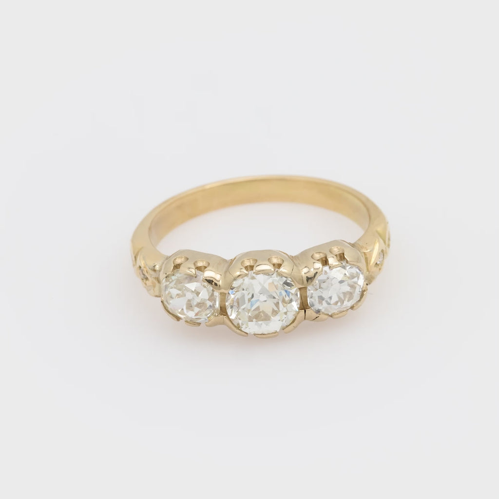 French 2.05 carat old European cut diamond 18k yellow gold 3 stone ring