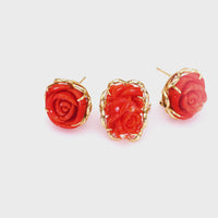 Carved Coral Yellow Gold Earrings & Ring Set