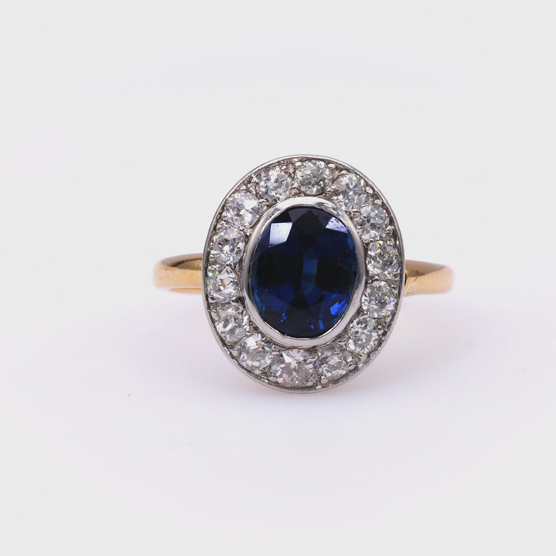 One Edwardian Sapphire Diamond 18k Yellow Gold Platinum Cluster Ring