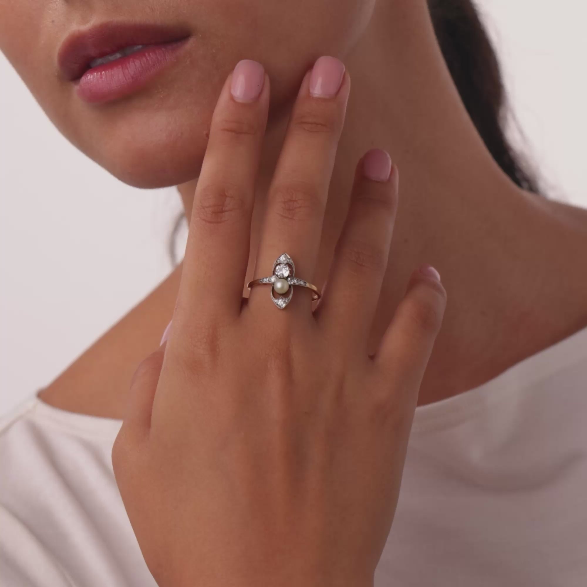 Edwardian diamond pearl 18k yellow gold ring