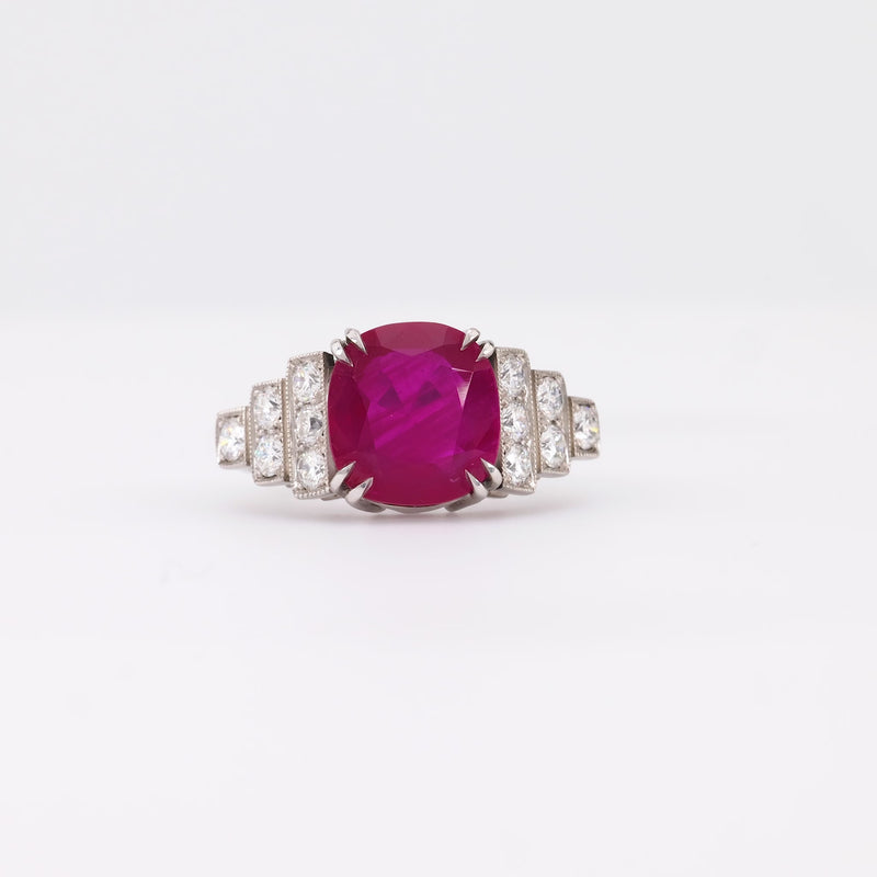 French 3.74 Carat Burma No Heat Ruby Diamond 18K White Gold Ring