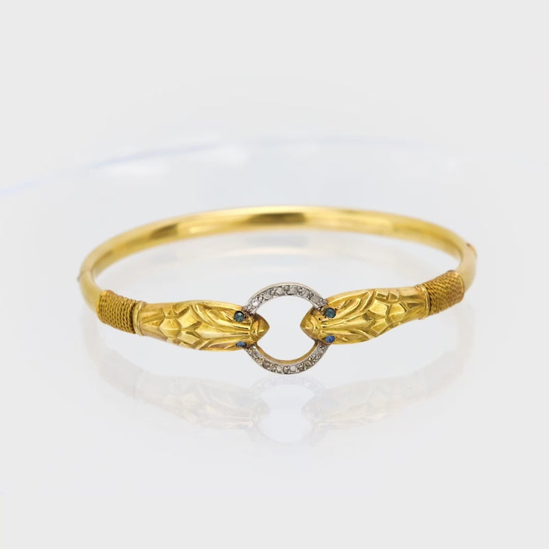 Victorian French diamond sapphire 18k yellow gold snake bangle