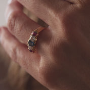 Victorian English sapphire ruby diamond 18k yellow gold five stone ring