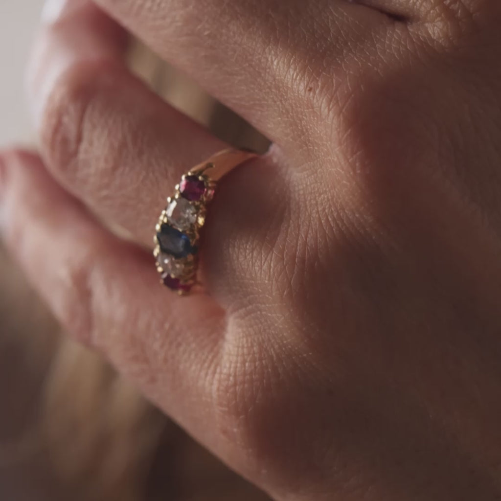 Victorian English sapphire ruby diamond 18k yellow gold five stone ring