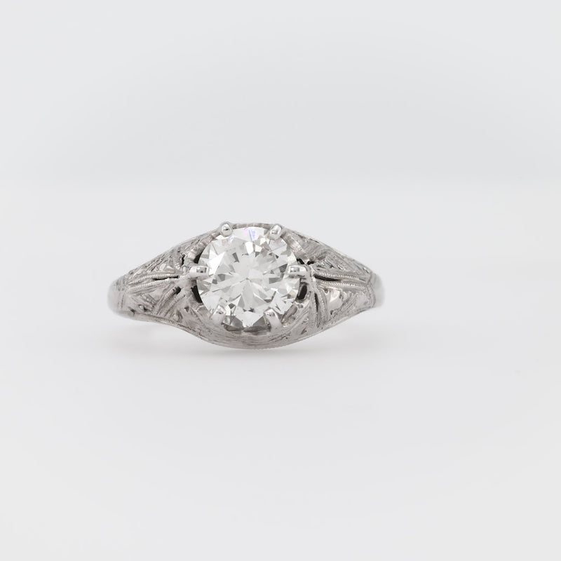 Art Deco Diamond Platinum Solitaire Engagement Filigree Ring