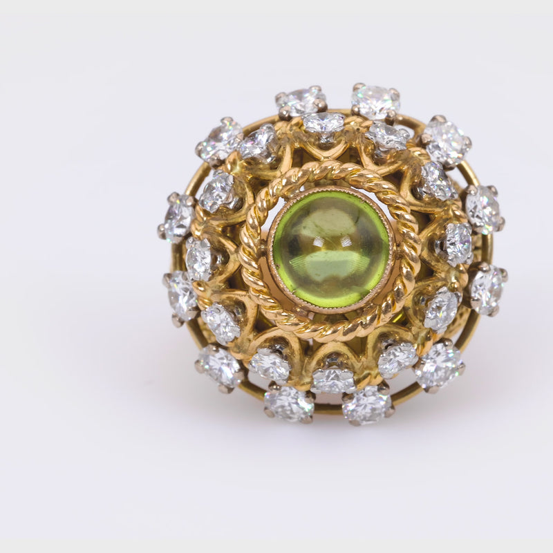 Mid-Century Peridot Diamond 18K Yellow Gold Cocktail Ring