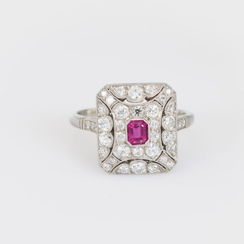 Art Deco Inspired ruby diamond platinum square ring