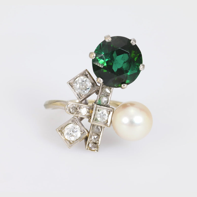 Mid Century French 4.60 carat green tourmaline pearl diamond 18k gold ring