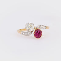 Edwardian Diamond Ruby 18K Yellow Gold Toi Et Moi Ring