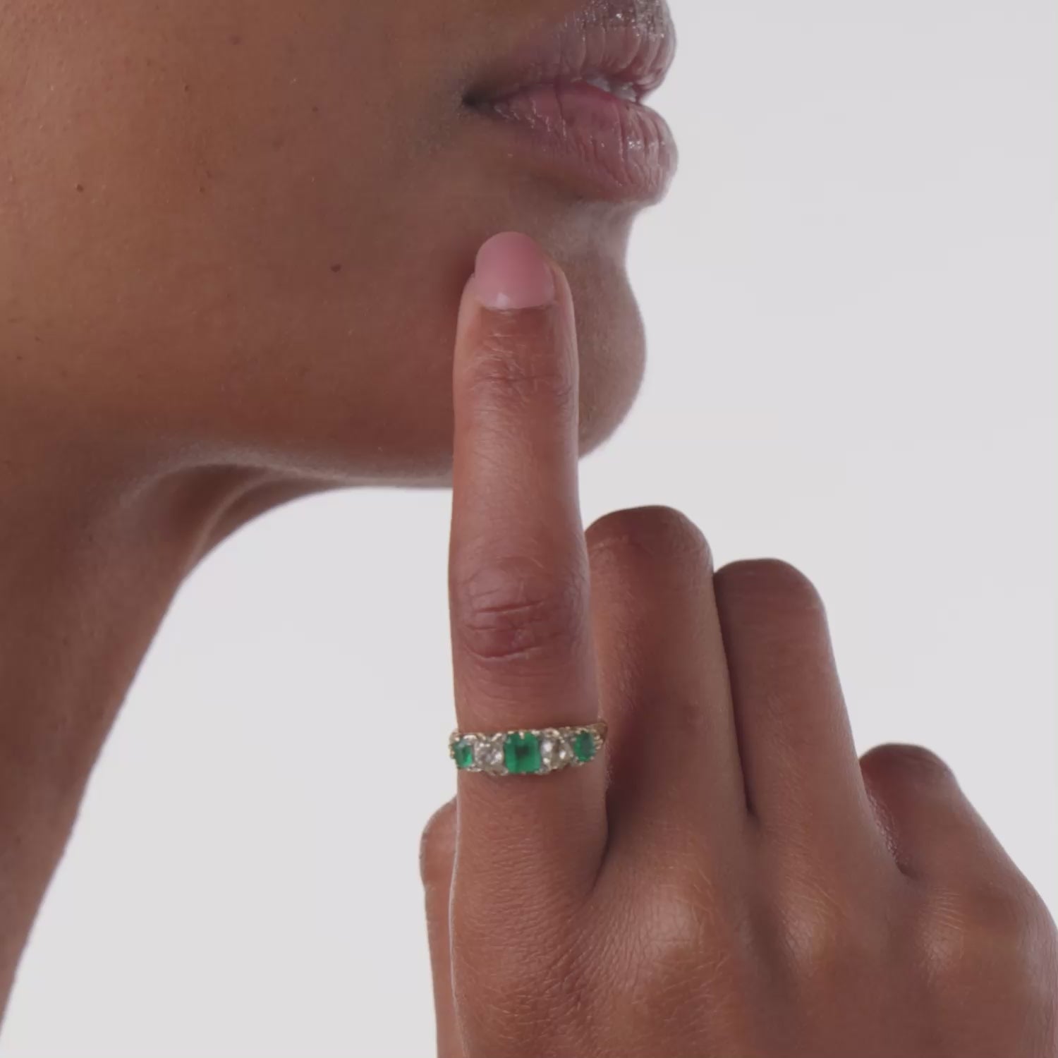 Victorian emerald diamond 14k yellow gold 5 stone ring