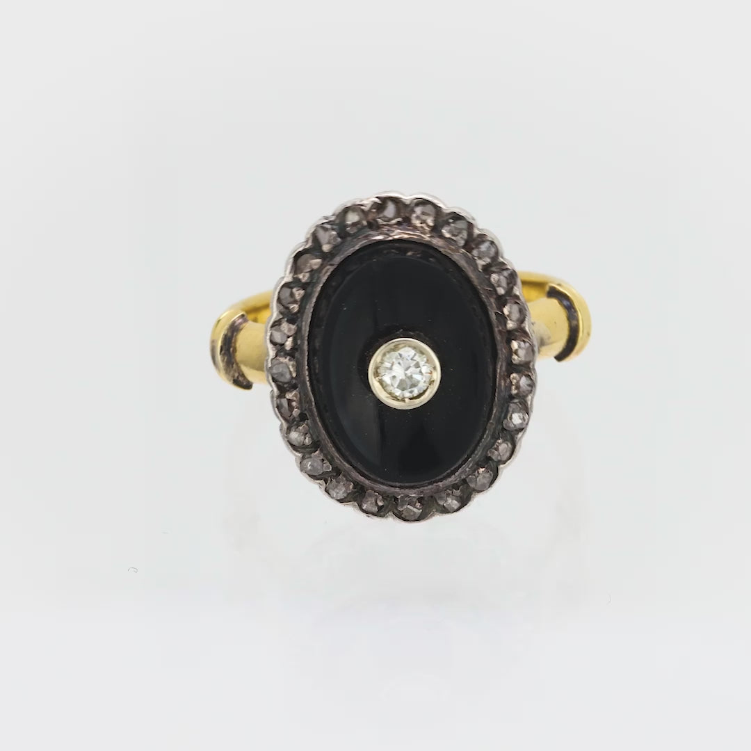 Vintage diamond onyx 18k yellow gold and silver ring