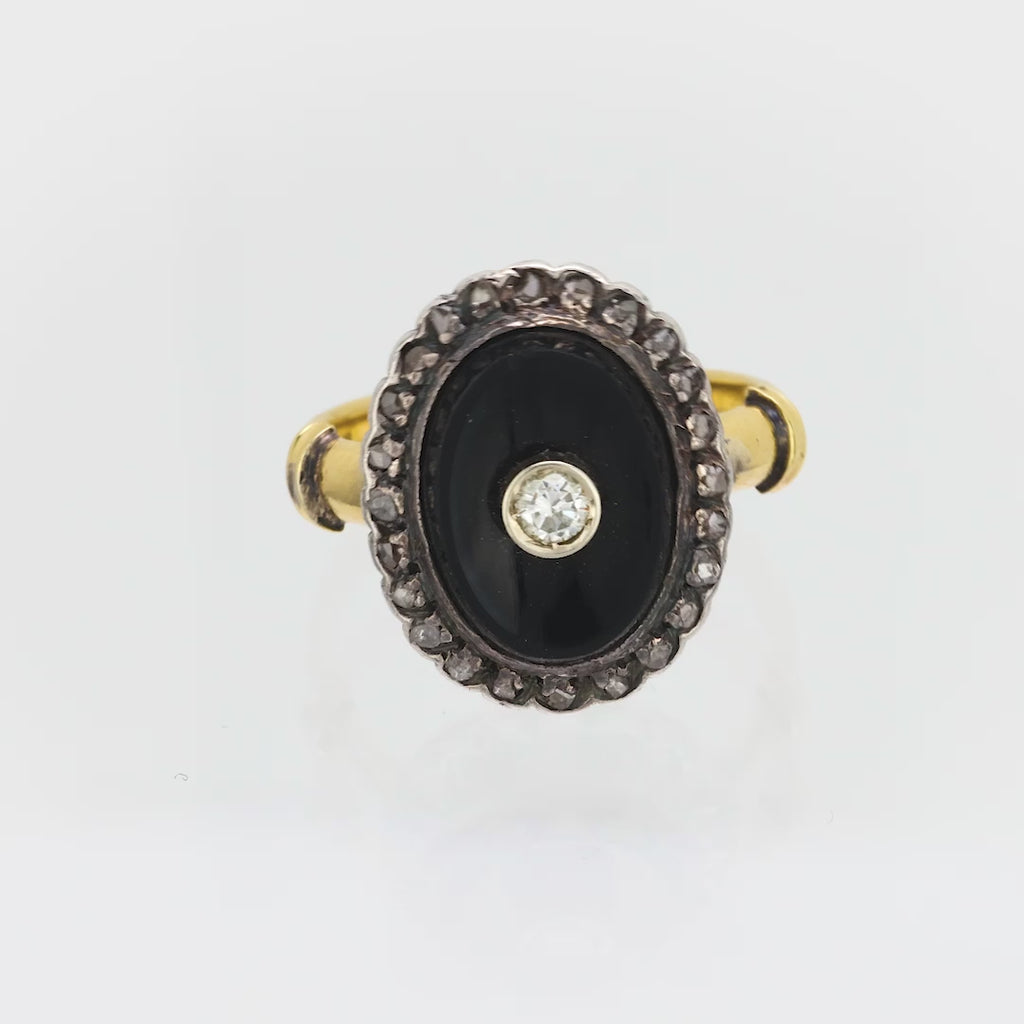 Vintage diamond onyx 18k yellow gold and silver ring