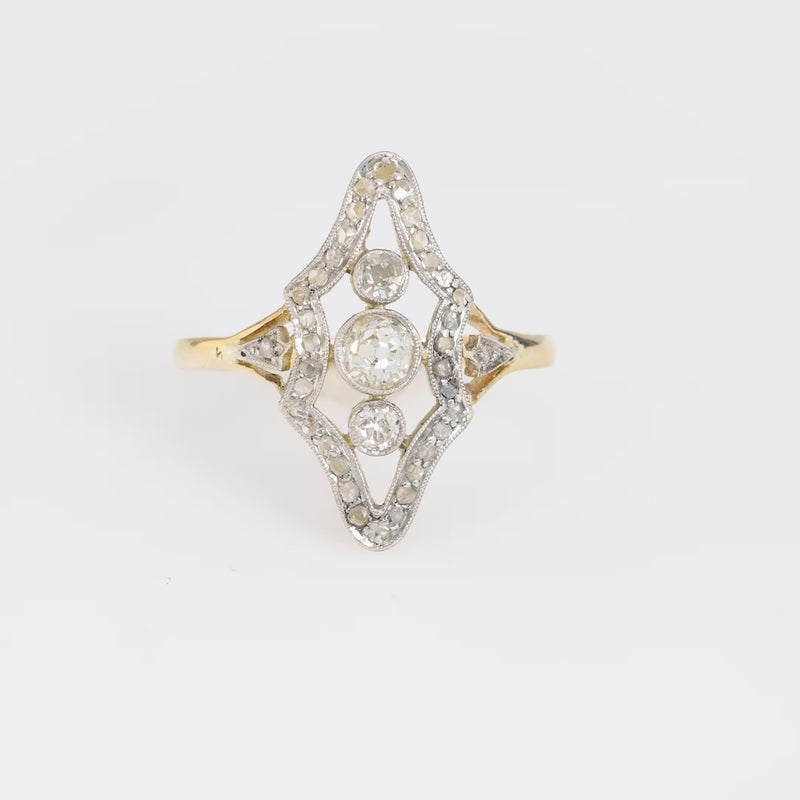 Art Deco 18k yellow gold diamond navette ring