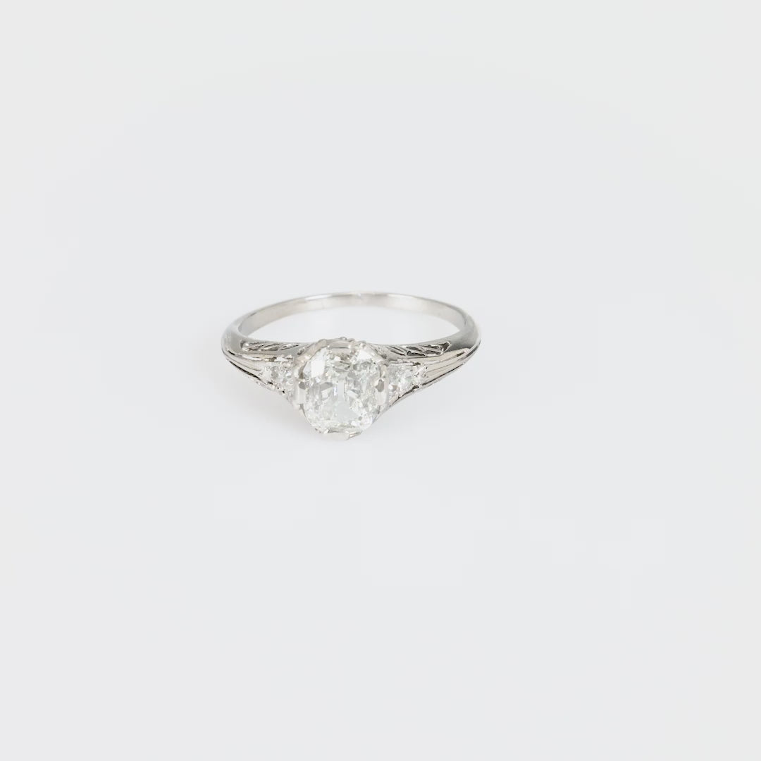Art Deco GIA .91 carat cushion cut diamond platinum engagement filigree ring