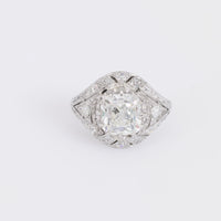 Art Deco French GIA 1.73 carat old mine cut diamond platinum ring