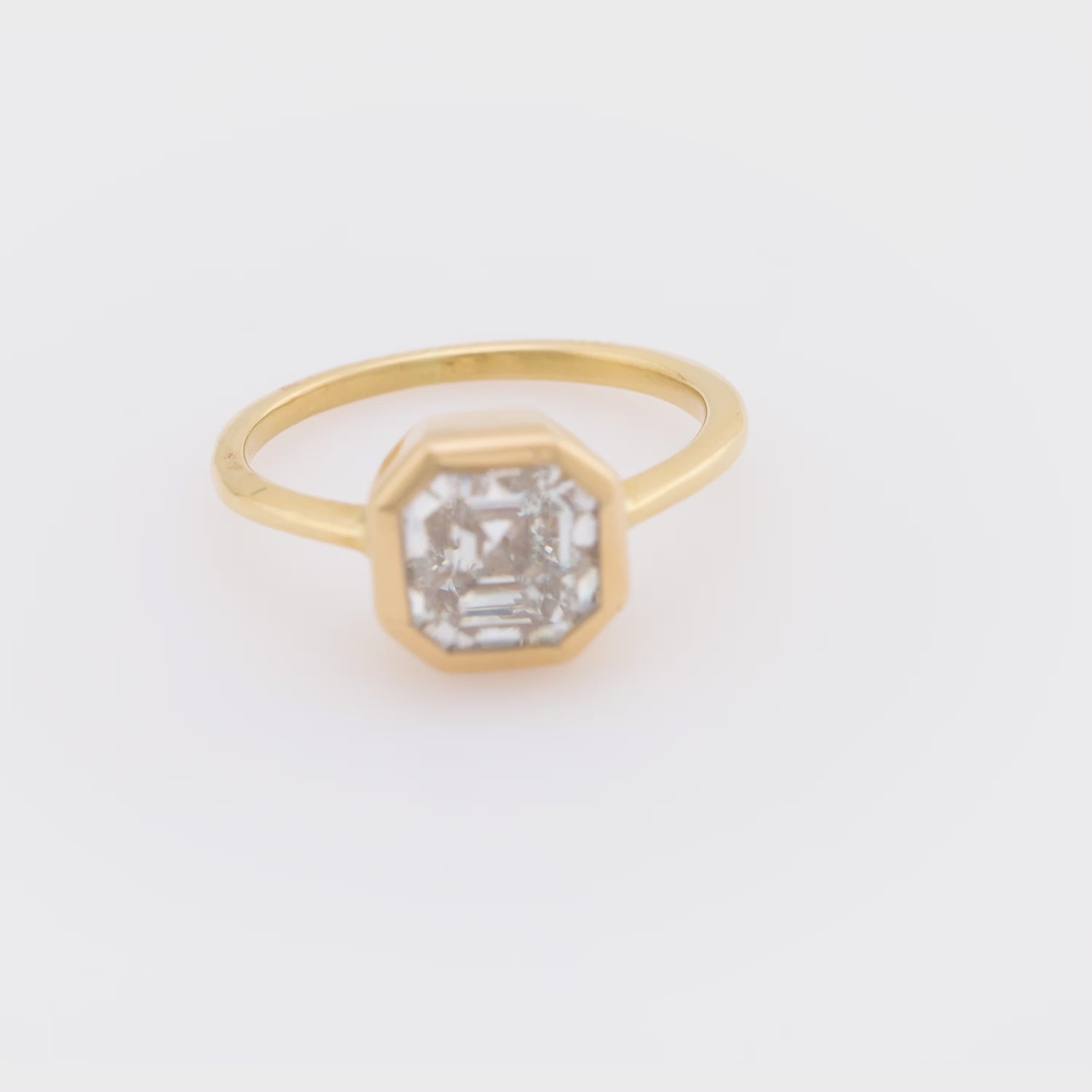 GIA 2.03 carat square emerald cut diamond 18k yellow gold bezel engagement ring
