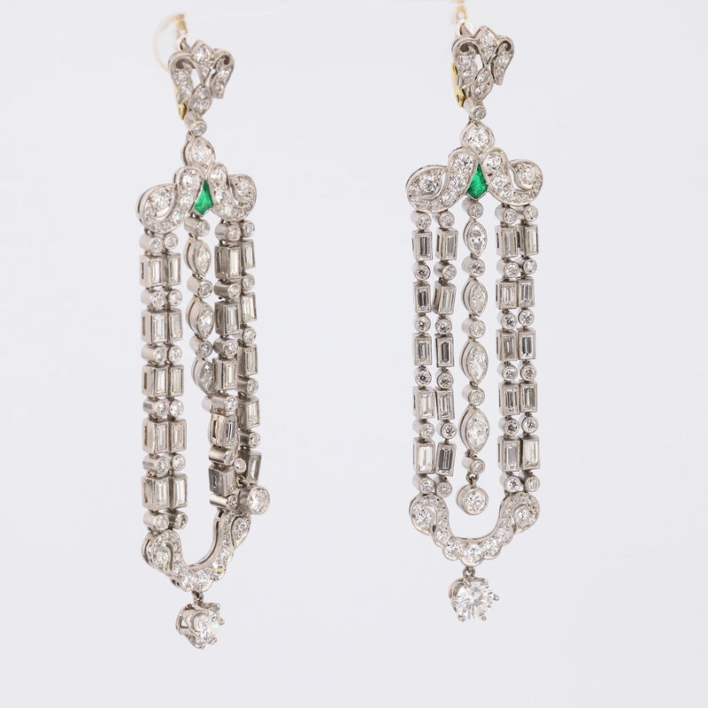 Art Deco inspired 9.2 carat diamond emerald platinum chandelier earrings