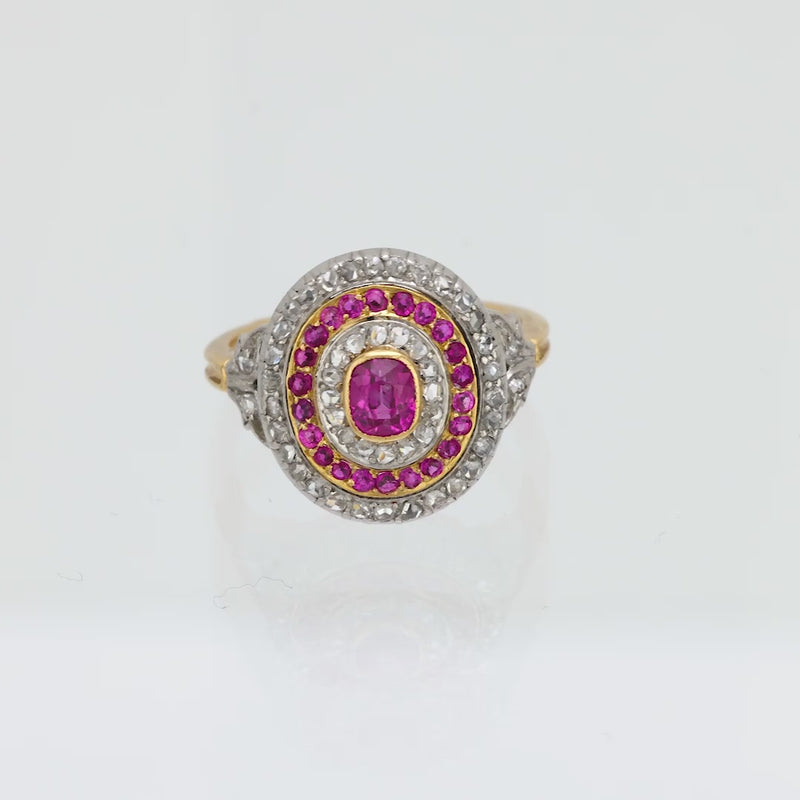 French Belle Epoque ruby diamond 18k yellow gold and platinum cluster ring