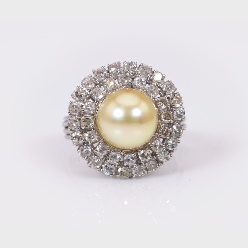 Mid Century Pearl Diamond Platinum Cluster Ring