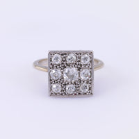 French Antique Diamond 18K Yellow Gold and Platinum Square Nine Stone Ring