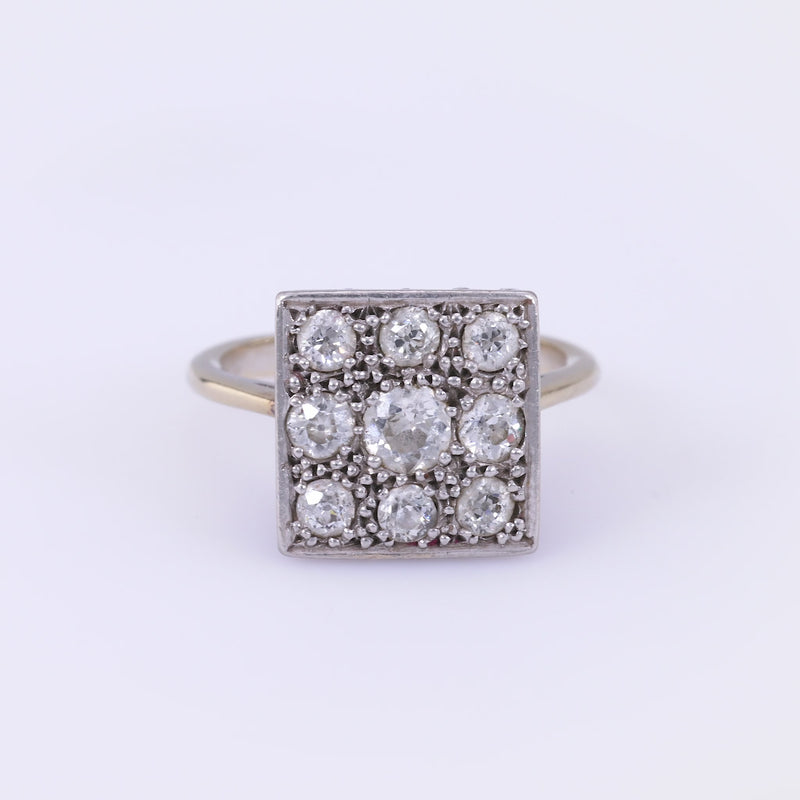 French Antique Diamond 18K Yellow Gold and Platinum Square Nine Stone Ring