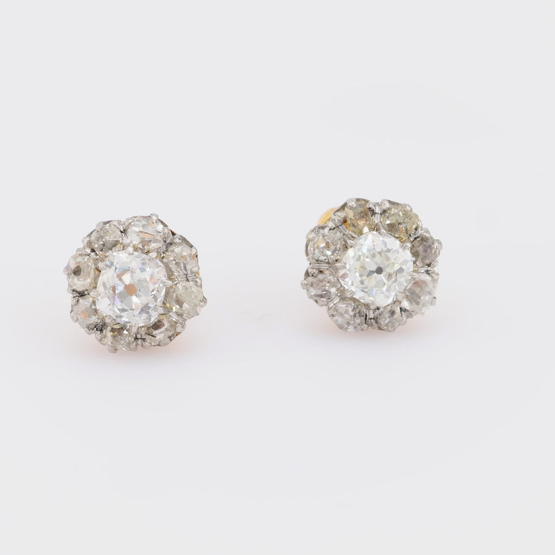 Antique French 2.3 Carat Total Diamond Weight 18K Yellow Gold Stud Earrings