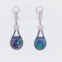 Stunning contemporary black opal diamond sapphire 18k white gold drop earrings