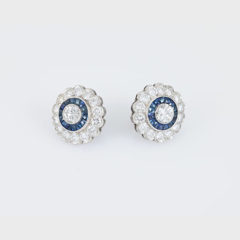 Art Deco style diamond sapphire platinum cluster earrings