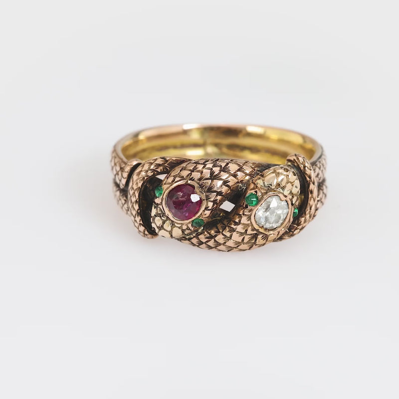 Victorian 18k rose gold ruby diamond snake ring