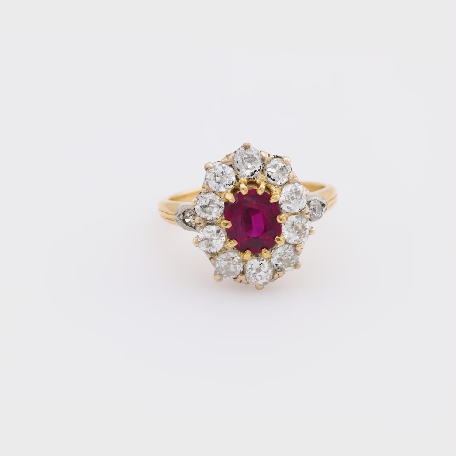 Victorian French GIA 1 carat ruby diamond 18k yellow gold cluster ring