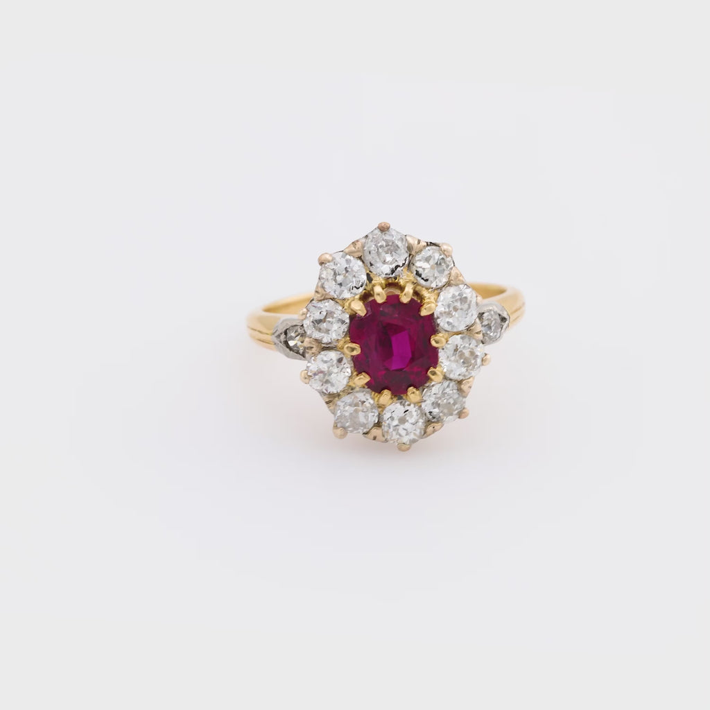 Victorian French GIA 1 carat ruby diamond 18k yellow gold cluster ring