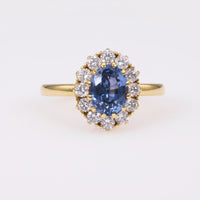 Vintage Inspired Sapphire Diamond 18K Yellow Gold Cluster Ring