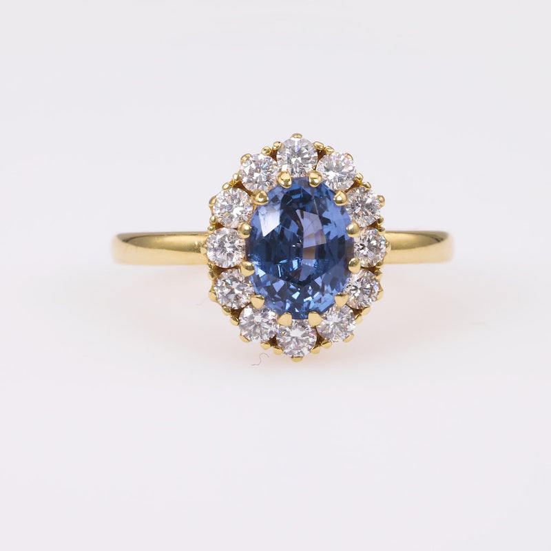 Vintage Inspired Sapphire Diamond 18K Yellow Gold Cluster Ring