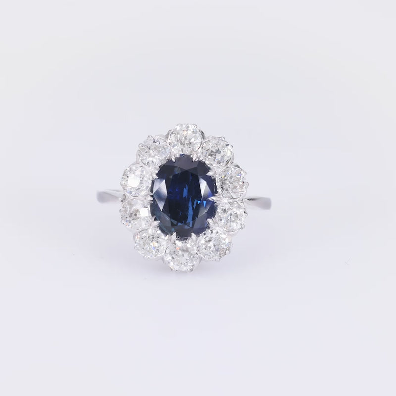 Edwardian GIA 1.67 carat Burma no heat sapphire diamond platinum cluster ring