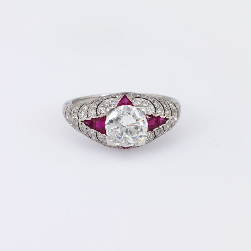 Art Deco Inspired 1.03 Carat Round Brilliant Cut Diamond Ruby Platinum Ring