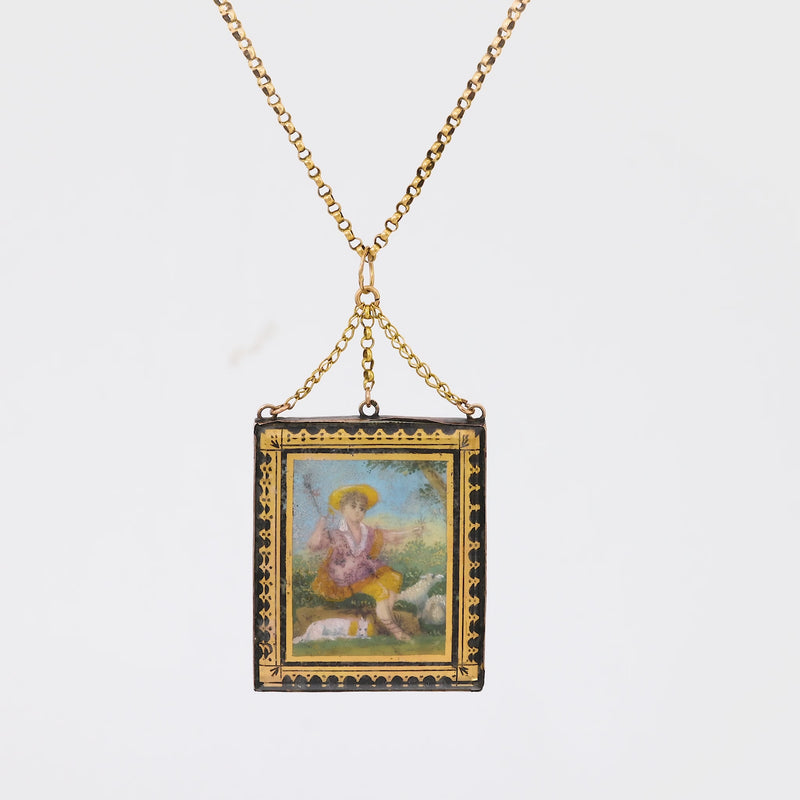 Georgian French 18K Yellow Rose Gold Glass Pendant Necklace