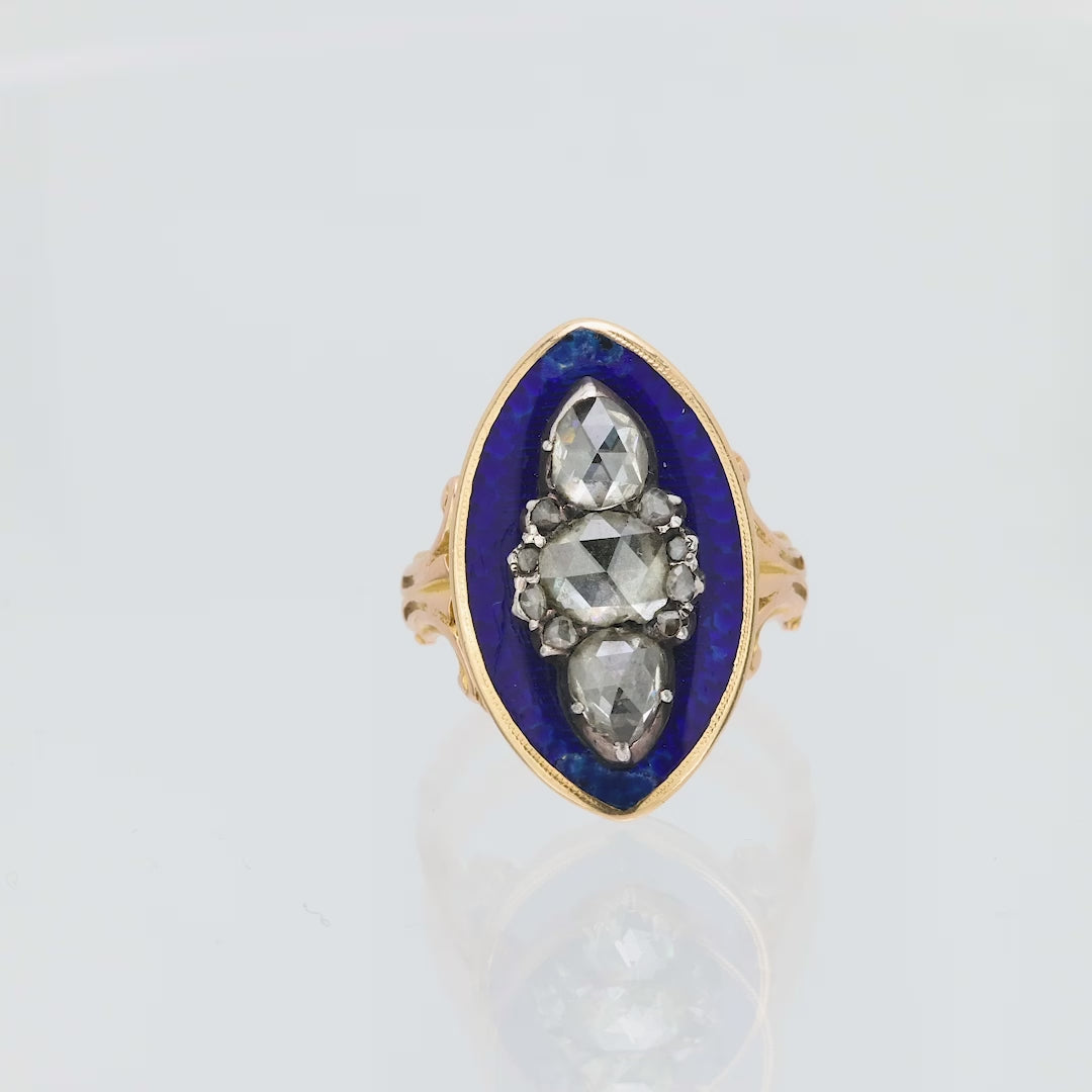 Georgian rose cut diamond blue enamel 18k rose gold navette ring