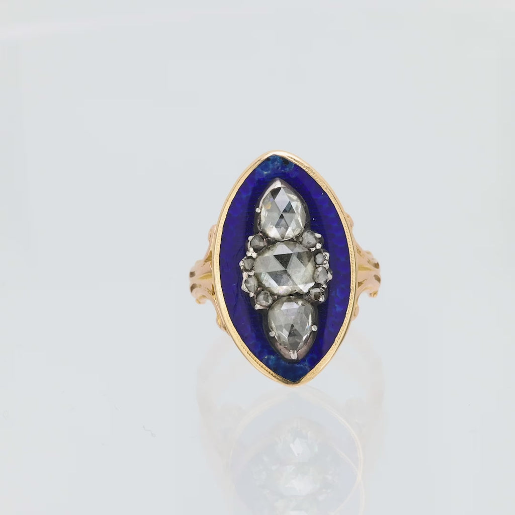 Georgian rose cut diamond blue enamel 18k rose gold navette ring
