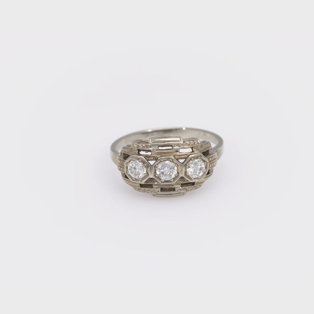 Art Deco diamond 18k white gold 3 stone ring