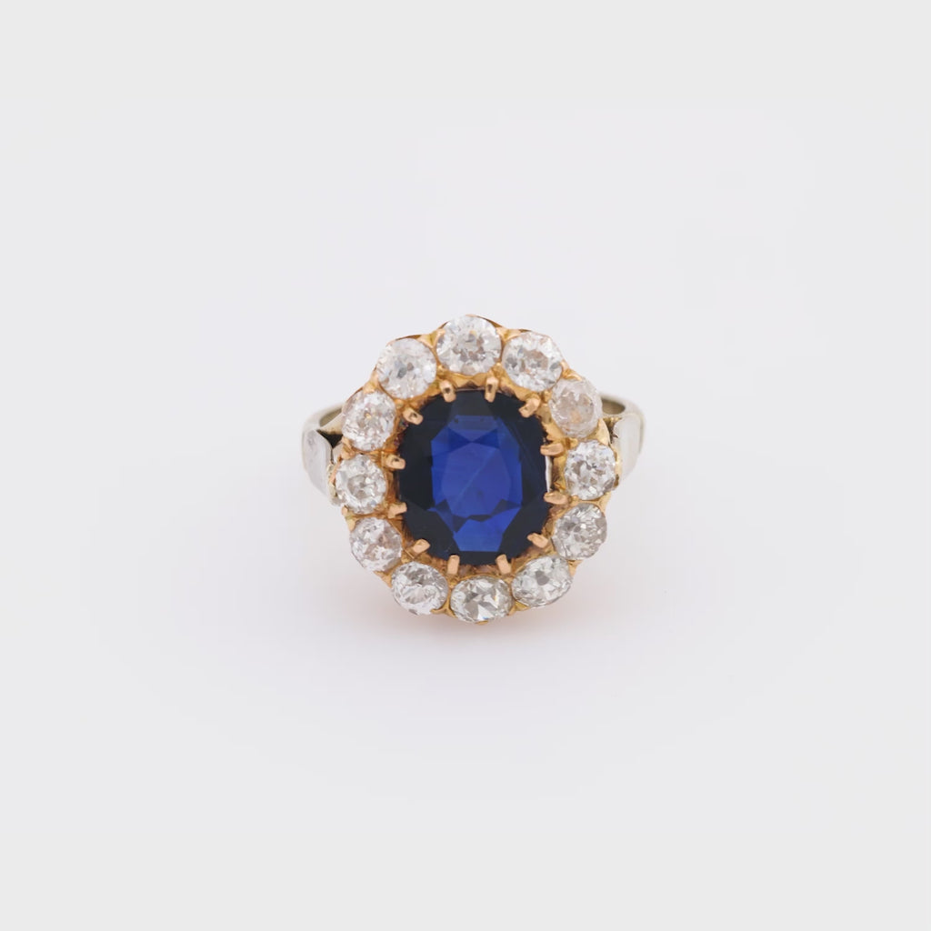 Victorian French GIA 2 carat no heat sapphire diamond 18k yellow gold ring