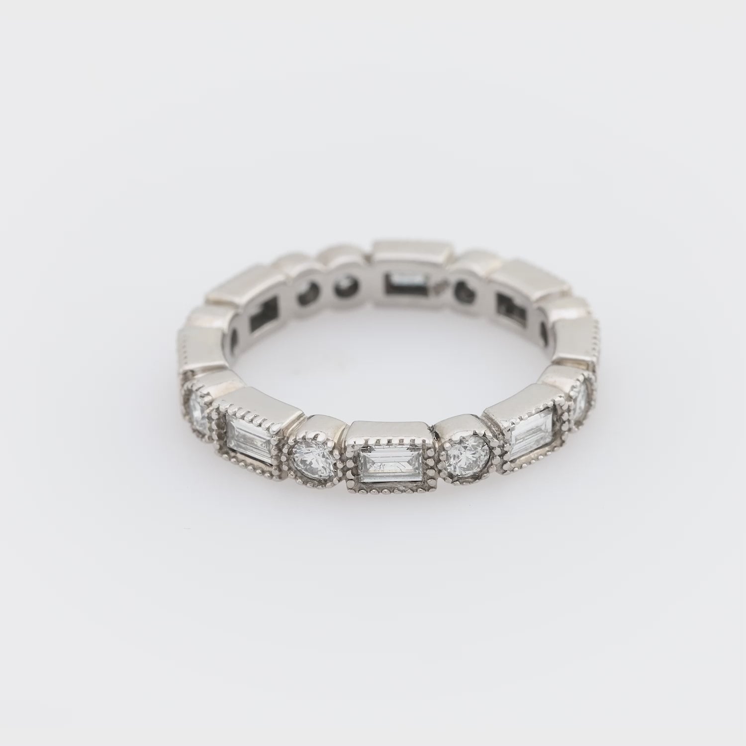 Vintage 1.35 carat round and baguette diamond 14k white gold eternity band