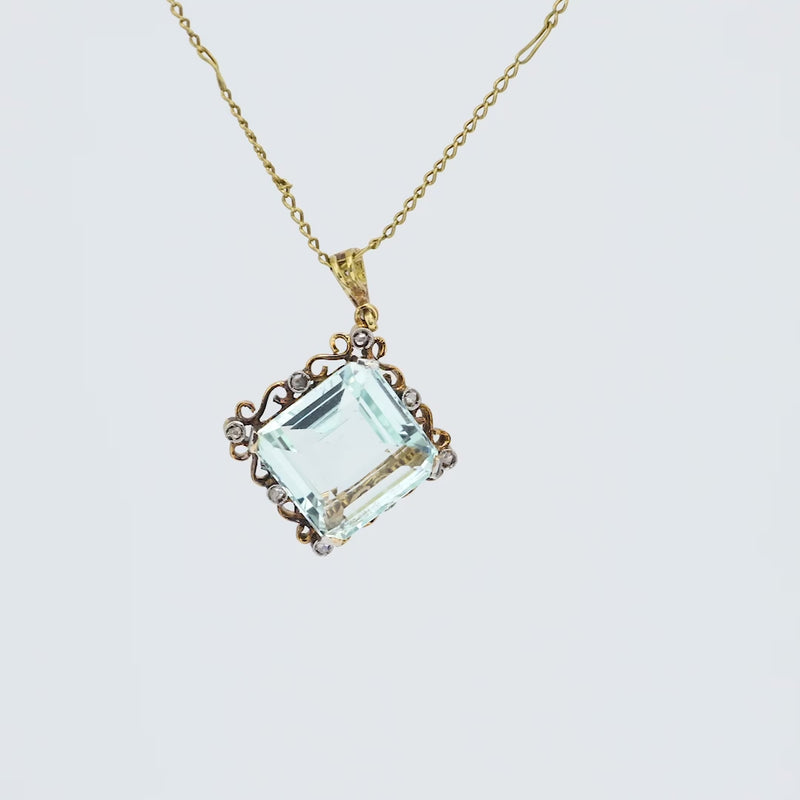 Retro aquamarine diamond 18k yellow gold necklace