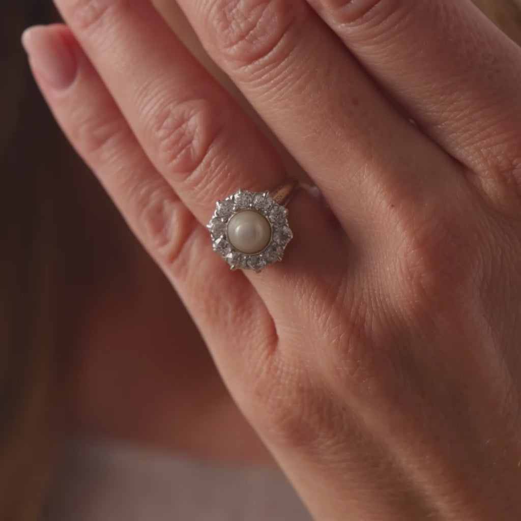 Edwardian pearl diamond 18k white gold cluster ring