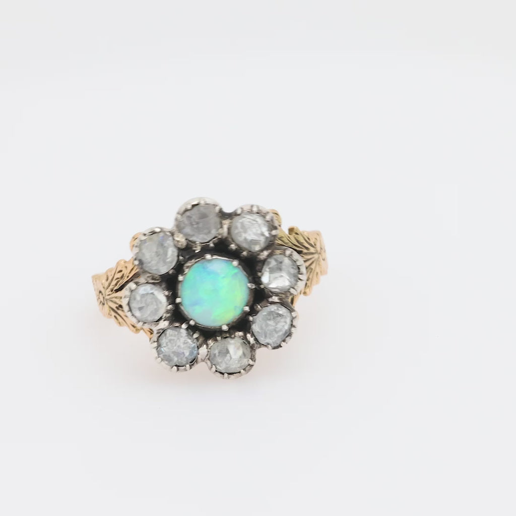 Victorian opal rose cut diamond 14k yellow gold silver cluster ring