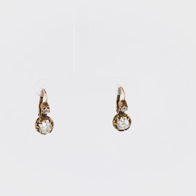 Antique Style Old Mine Diamond 18K Yellow Gold Drop Earrings