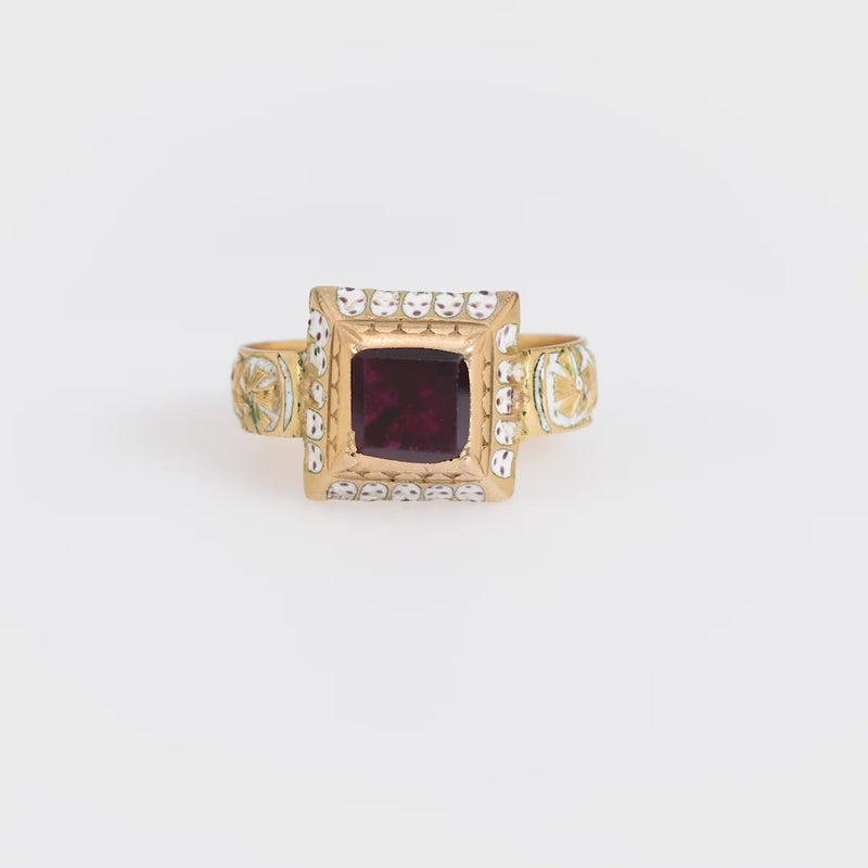 Renaissance revival garnet 14k yellow gold and white enamel solitaire ring