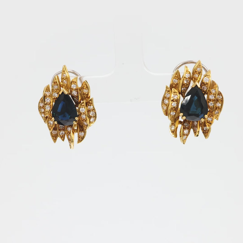 Vintage 4.20 carat total weight sapphire diamond 18k yellow gold earrings