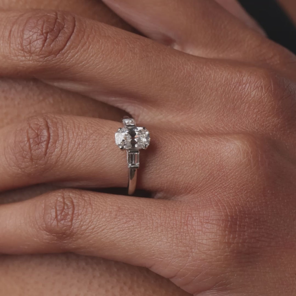 Mid Century GIA 1.52 carat old mine cut diamond platinum engagement ring