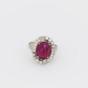 Mid Century 4.30 carat cabochon cut Burma ruby diamond platinum ring